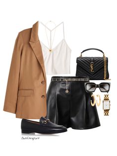 Womens Leather Shorts Outfit, Gucci Casual Outfit Women, Short Work Outfit, Faux Leather Outfits For Women, Ysl Casual Outfit, Celine Outfits Women, Brown Leather Shorts Outfit, Brown Blazer Outfits For Women, Gucci Outfits Women Fashion