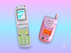 two old cell phones sitting next to each other on a blue and pink background with bubbles