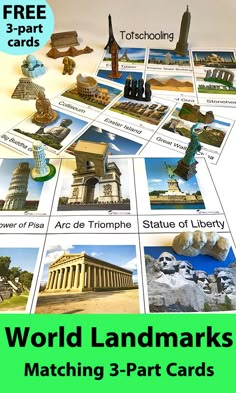 the world landmarks matching 3 - part cards are shown in green and white with black text