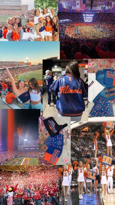 the collage shows many different images of people at a sports game, including cheerleaders and fans