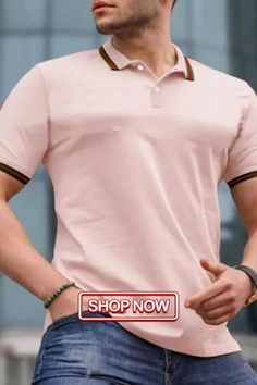 Fashion Slim Solid Color Button Breathable Casual T Shirts Pink Casual Top With Casual Collar, Casual Pink Top With Casual Collar, Pink Polo Collar Casual T-shirt, Casual Pink Polo Collar T-shirt, Casual Pink Collared T-shirt, Tshirt Outfits, Casual T Shirts, Shirt Outfit, Shop Now