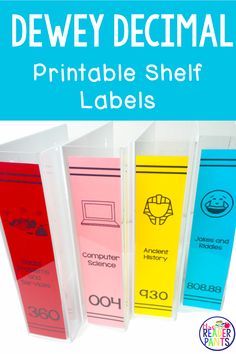 the printable shelf labels for avery decinals are shown in three different colors