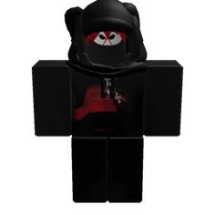 a lego figure wearing a black hood and red eyes