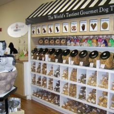 there is a dog shop with many items on display