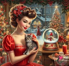 a painting of a woman holding a cat in front of a christmas scene