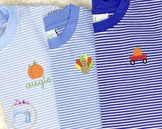 *please note I use two different brands of stripe shirts the color and sizing is exact however the tag may be Jellybeans or Bayou Blanks.  LONG SLEEVE is available now in Cornflower and Light Blue ShirtFall Thanksgiving Boys Mini and Monogram Shirt/Monogram Pumpkin Patch Shirt/Personalized/Mini Pumpkin Shirt/Youth Pullover/Embroidered Stripe shirts are 95% cotton 5% Spandax Solid shirts are 100% Shirts are True to size Please note that colors may vary slightly due to lighting and/or your computer monitor settings. I do my best to provide an accurate representation of colors. To order: Select Shirt Color Select Size In the personalization box add the mini you want the name to be added and the color thread for the name.  *Wash inside out on cold gentle cycle and hang to dry. Do not use bleac Embroidered Striped Cotton Tops, Striped Embroidered Cotton Tops, Fall Striped Short Sleeve T-shirt, Striped Short Sleeve Fall T-shirt, Striped Short Sleeve T-shirt For Fall, Blue Embroidered T-shirt For Fall, Cotton Tops With Vertical Stripes For Fall, Fall Cotton Shirt With Vertical Stripes, Cotton Shirt With Vertical Stripes For Fall