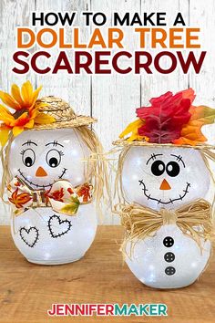 two snowmen made out of mason jars with the words how to make a dollar tree scarecrow