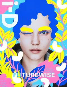 a woman with blue hair and yellow eyeshades on the cover of a magazine