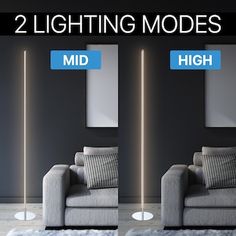 two lighting modes in the living room with couches and lamps next to each other