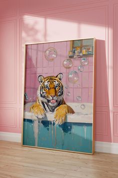 a painting of a tiger sitting in a bathtub with soap bubbles floating around it