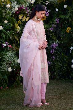 Light pink silk chanderi kurta with floral and thread patchwork embroidery. Comes with pant and a dupatta. - Aza Fashions Patchwork Embroidery, Tuxedo Accessories, Kurta Pant Set, Summer Bride, Summer Wedding Guests, Embroidered Organza, Sharara Set, Organza Dupatta, Kurta With Pants