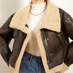 ZARA Brown Shearling Jacket with faux fur/ Size M Leather Flight Jacket, Fit Clothes, Gloves Fashion, Pu Leather Jacket, Fits Clothes, Plain Style, Denim Blazer, Flight Jacket, Outerwear Vest