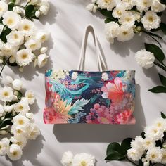 "Floral Wash, Weekender Bag, Travel tote, Flower tote, Beach tote, Travel, Tote Bag Our oversized Weekender Tote is perfect for your weekend at the beach or in town. The wide-mouthed, durable bag holds a generous amount of personal items and is easily held by its thick rope handles. .: One size: 24\" x13\" (60.9 cm x 33 cm) .: 100% Spun Polyester .: T-bottom .: Cream sheeting interior lining .: NB! Size tolerance 0.75\" (1.9 cm)) .: Assembled in the USA from globally sourced parts" Flower Tote, Sac Week End, Thick Rope, Travel Tote Bag, Oak Leaf, Weekender Tote, Rope Handles, Travel Tote, Beach Tote