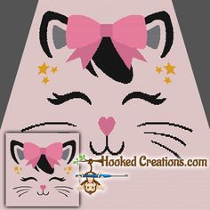 a cat with pink bow and stars on it's head is shown in the shape of a cross stitch pattern