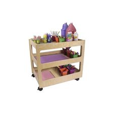 a wooden cart filled with lots of toys