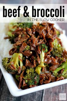 beef and broccoli in the slow cooker on top of rice with text overlay