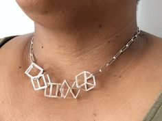 Contemporary Cube Statement Necklace, Statement Necklace, Unique Wedding Day Necklace, 3D Necklace, Contemporary Metal Necklace For Gift, Modernist Geometric Jewelry For Gifts, Contemporary Necklace With Unique Design For Gift, Contemporary Square Jewelry For Gifts, 3d Necklace, Unusual Necklace, Modern Necklace, Denim Jewelry, Leather Totes