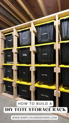 several storage bins in a garage with the words how to build a diy tote storage rack