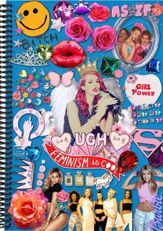 a spiral notebook with many different pictures and words on the cover, including women's faces