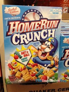 a box of home run crunch cereal sitting on a shelf in a grocery store,