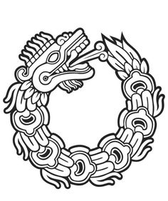 a black and white drawing of a dragon in a circle with an ornament on it