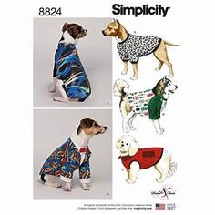 three pictures of dogs wearing sweaters in different styles and colors, with the words simplicity printed on them