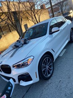 a white bmw car with a bow on the hood