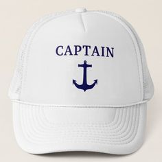 Nautical Blue Anchor Captain Hat Adjustable Sailor Cap, White Nautical Cap, Adjustable Sailor Style Cap, Nautical Cap For Boating, Nautical Style Cap For Boating, Blue Bucket Hat For Beach, White Flat Cap For The Beach, Navy Snapback Hats For Beach, Casual Boating Cap