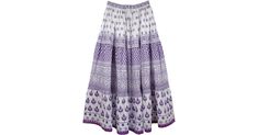 Peasant Long Purple Skirt for Women - An Indian gypsy maxi skirt with a mix of prints- all on the same piece of cloth (not patchwork). A long three panel cotton skirt with this summer`s fresh purple print. The skirt truly has a lot of cloth - its volume, a wider hem and of course splendid colors give it a character. It is nicely lined and the material is crinkle like cotton without stretch. The waist has an elastic and a simple drawstring for sizing flexibility. It will best fit a medium to the Bohemian Purple Tiered Skirt, Bohemian Tiered Purple Skirt, Boho Print Long Cotton Skirt, Long Cotton Skirt With Boho Print, Purple Cotton Tiered Skirt, Long Purple Cotton Skirt, Bohemian Purple Maxi Skirt For Spring, Long Summer Skirt, Long Purple Skirt