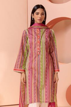 Cotton Lawn Suit With Printed Border, Patterned Cotton Lawn Suit With Printed Border, Patterned Unstitched Suit With Printed Motifs, Fitted Patterned Lawn Suit With Long Sleeves, Patterned Fitted Long Sleeve Lawn Suit, Fitted Long Sleeve Patterned Lawn Suit, Multicolor Printed Unstitched Suit For Summer, Multicolor Cotton Unstitched Suit With Long Sleeves, Patterned Cotton Unstitched Suit With Printed Motifs