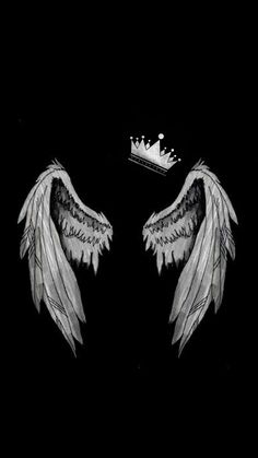 two white wings and a crown on a black background