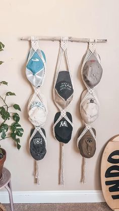 there are several pairs of shoes hanging on the wall next to a potted plant