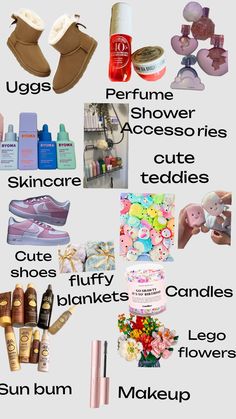 a poster with different types of shoes and other items on the back ground, including lipstick, eyeliners, sunburn, shoe polish, makeup, etc