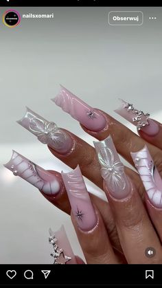 Cute Nail Designs For Acrylics Square, Square Pink Nails Long, Birthday Long Acrylic Nails, Fashion Killa Nails, Europe Nails Aesthetic, Money Acrylic Nail Design, Extra Nail Ideas, Long Square Nails Designs, Hello Kitty Nails Long