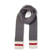 a gray scarf with red and white stripes on the ends, against a white background