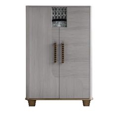 a gray cabinet with two doors and some brown knobs on the door handle, in front of a white background