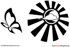 two black and white logos with the sun, clouds and a butterfly on it's side