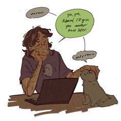 a man sitting in front of a laptop computer next to a small dog and cat