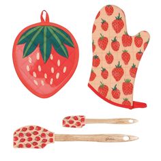 an oven mitt, spatula and strawberry shaped pot holder