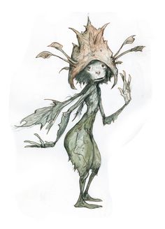 a watercolor and ink drawing of a creature with leaves on its head