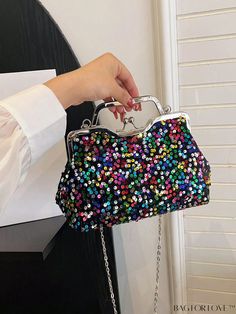 BagForLove - Glamorous Sequin Decor Evening Bag with Kiss Lock - Elegant and Stylish Sequin Decor, Word Wrap, Printed Bags, Square Bag, All Over Print, Evening Bags, Colorful Backgrounds, Pu Leather, Sequin