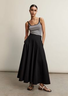 Heavy Cotton Sateen Maxi Skirt Black Black Voluminous Skirt With Elastic Waistband, Black Maxi Skirt For Workwear In Summer, Black Maxi Skirt For Summer Workwear, Black Skirt With Wide Waistband For Summer, Black Summer Skirt With Wide Waistband, Summer Black Skirt With Wide Waistband, Black Tiered Maxi Skirt For Work, Black Tiered Skirt With Pockets, Casual Black Maxi Skirt For Work