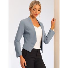 Shell: 95% Polyester, 5% Spandex. Lining: 100% Polyester. It creates a modern sleek look even at the office with this stunning cropped office blazer jacket. This smart collarless blazer features an angled hem that's shorter in the back for a fashionably cool look. An open-front design with hook eye closure for showing your amazing top inside. This piece makes you outstanding whether for a professional or a casual look. Suitable for Office look. Long Sleeve Blazer For Business Meetings, Long Sleeve Office Style Blazer For Business Meetings, Office Lady Long Sleeve Blazer For Business Meetings, Fall Blazer For Business Meetings, Fall Office Lady Blazer For Business Meetings, Versatile Fitted Long Sleeve Blazer, Fitted Long Sleeve Versatile Blazer, Fitted Notch Lapel Versatile Blazer, Fitted Blazer For Office Lady