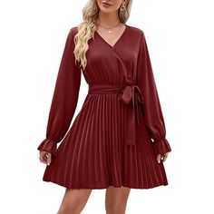 Burgundy V Neck Long Sleeve Pleated Mini Dress with Belt Pleated V-neck Mini Dress For Fall, Fall V-neck Pleated Mini Dress, Fall Pleated V-neck Mini Dress, Solid Pleated Mini Dress For Fall, Pleated Mini Dress For Fall, Black V Neck Long Sleeve, Belt Women, Pleated Mini Dress, Dress With Belt