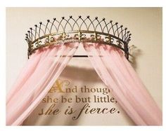 a pink canopy bed with a crown on it's head and a quote above it that says, and though she be but little she is fierce