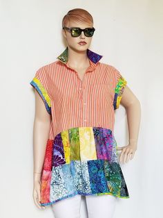 "A great summer shirt, made fabulous by adding many colors and patterns from my designer cottons. Bust 52\" Hips 60\" Length 33\" Armhole 33\" machine wash, tumble dry" Colorful Patchwork Short Sleeve Tops, Multicolor Print Cotton Shirt For Beach, Multicolor Print Cotton Beach Shirt, Multicolor Cotton Beach Shirt, Bohemian Patchwork Shirt For Summer, Orange Cotton Summer Shirt, Relaxed Fit Cotton Shirt With Multicolor Print, Relaxed Fit Multicolor Print Cotton Shirt, Relaxed Fit Multicolor Cotton Shirt