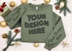 Gildan 18000 Military Green Crewneck Sweatshirt Christmas mockup - flat lay view. G180 heavy blend sweater with holiday vibe. Real Cozy Trendy Folded Gildan sweatshirt mock up for POD business to boost your sales and conversion rates. *This item is a Digital file, NO physical item will be shipped.* Style: Gildan 18000 Crewneck Sweatshirt. Color: Military Green. TERMS OF USE: You can use 18000 mock up for any personal & commercial use. You may not resell or edit this image file in any way. Refunds are not allowed due to the digital nature of the product. Please contact me if you have any issues. Have fun creating. Pod Business, Christmas Mockup, Green Crewneck, Gildan Sweatshirt, Sweatshirt Mockup, Gildan Sweatshirts, Sweatshirt Christmas, Digital Nature, Holiday Sweater