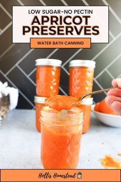 Low sugar no pectin apricot jam in a quilted jelly jar with a spoon full above it. Preserves behind stacked up in jars. Apricot Preserves Recipe, Canning And Preserving, Apricot Preserves, Canning Recipe, Apricot Jam