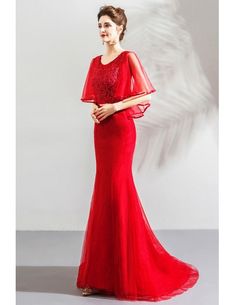 Elegant Long Red Tight Mermaid Formal Dress With Cape Sleeves Wholesale #T69073 - GemGrace.com Fitted Red Mermaid Dress For Banquet, Red Fitted Mermaid Dress For Banquet, Red Mermaid Dress With Mermaid Hem For Banquet, Red Mermaid Dress With Sweep Train For Banquet, Red Mermaid Dress With Sweep Train, Stretch Mermaid Dress For Banquet, Fitted Mermaid Dress With Sweep Train For Red Carpet, Red Fitted Mermaid Dress With Sweep Train, Red Fitted Mermaid Dress With Fishtail