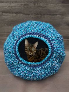 a cat sitting in a blue and white crocheted ball shaped like a bed